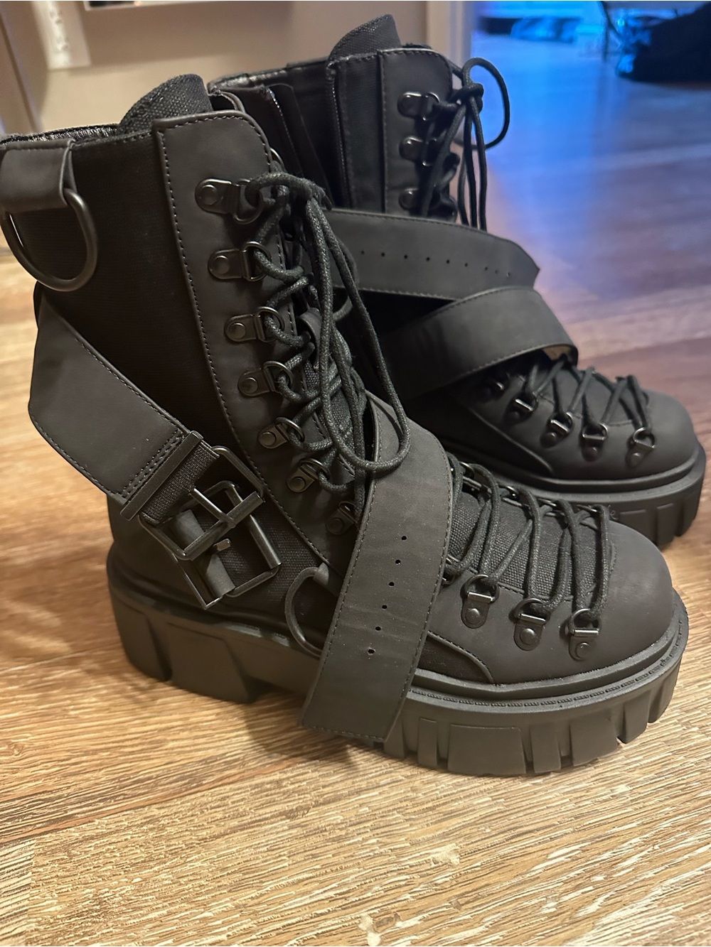Dolls Kill Matte Black Chunky Lug Strap Combat Boots
